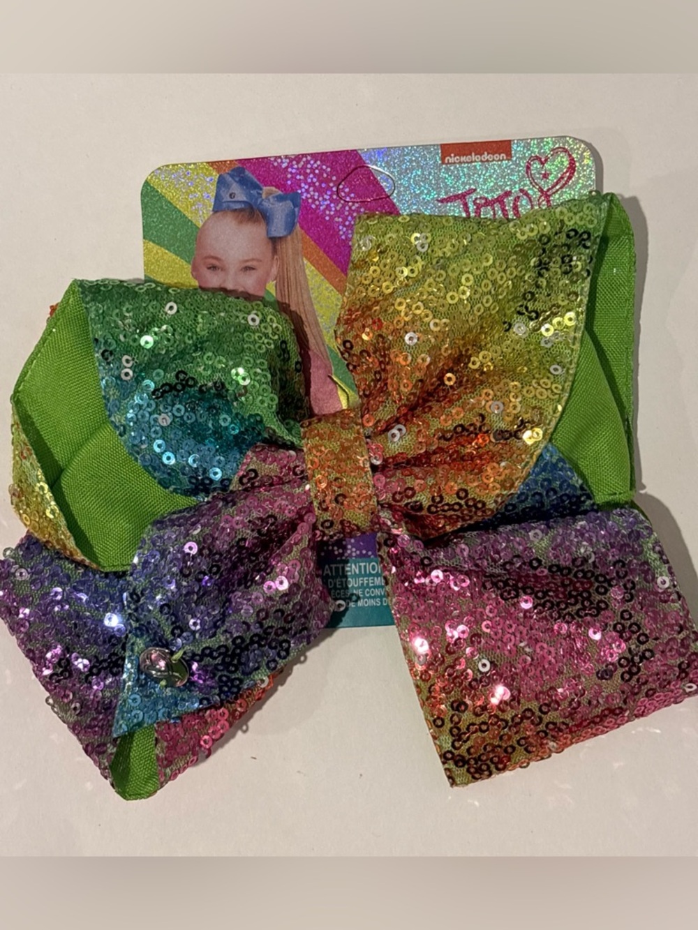 JoJo Siwa Sequin Rainbow Big Hair Bow w/green lining
